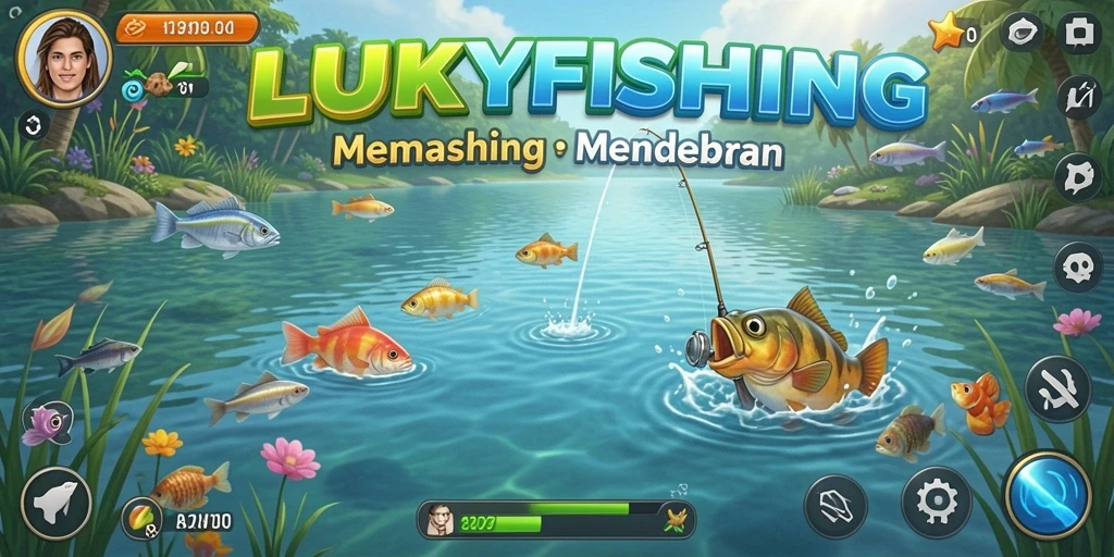 Tampilan gameplay LUCKYFISHING yang menegangkan saat menangkap ikan.