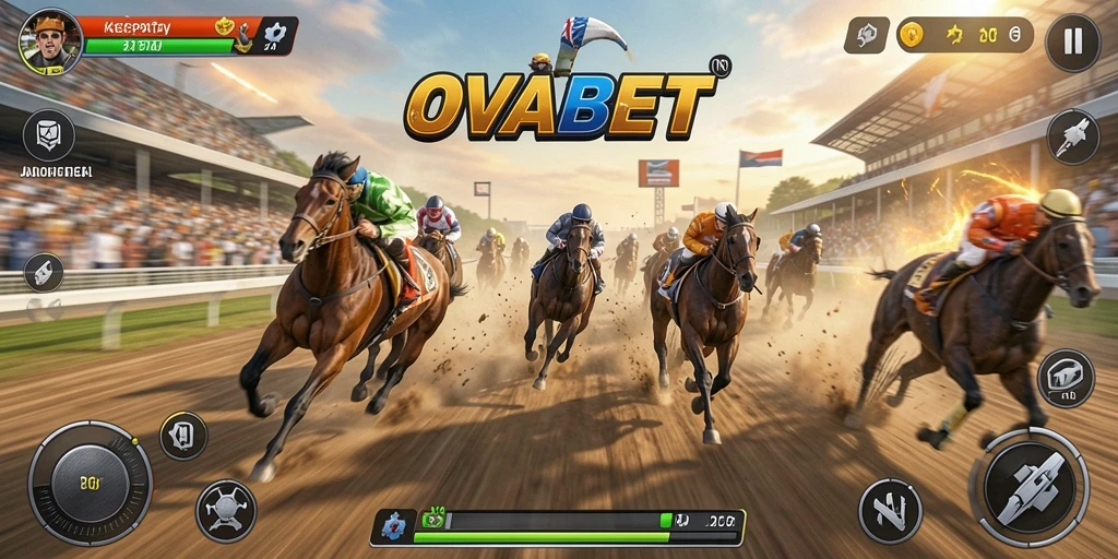 Screenshot gameplay OVABET menampilkan aksi balap motor di jalur yang menegangkan.